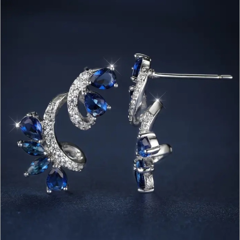 Sapphire & Diamond Silver Stud Earrings - Picture 7 of 8